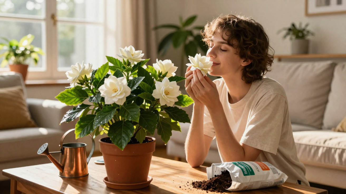 Person smelling white flowers on a potted plant indoors with a watering can and spilled soil on the table.