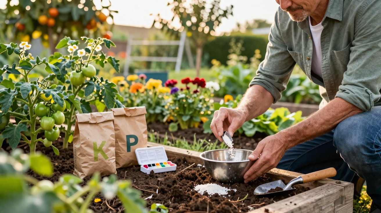 Man adding fertiliser to soil in a raised garden bed surrounded by tomato plants and flowers in a sunny garden.