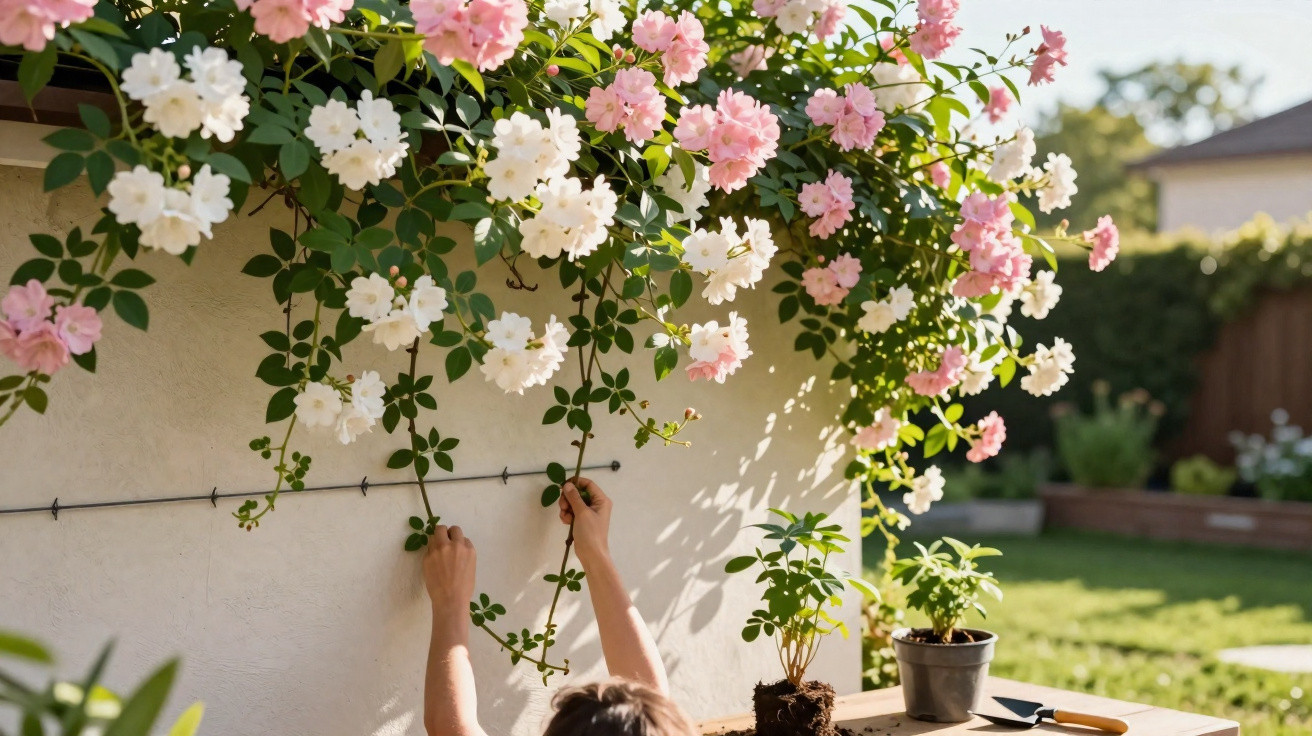 Person pruning pink and white climbing roses growing on a garden wall in sunlight.