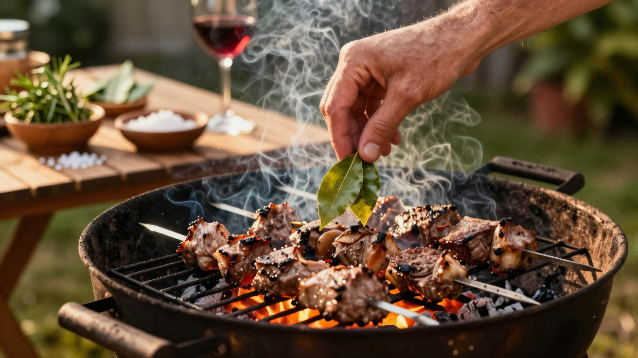 Hand placing bay leaves on skewers of meat grilling over charcoal on a barbecue with smoke rising.