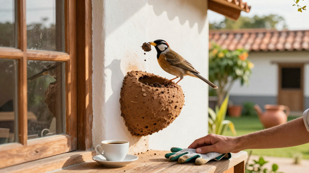 Bird building mud nest on white wall next to a wooden table with coffee cup and gardening gloves.
