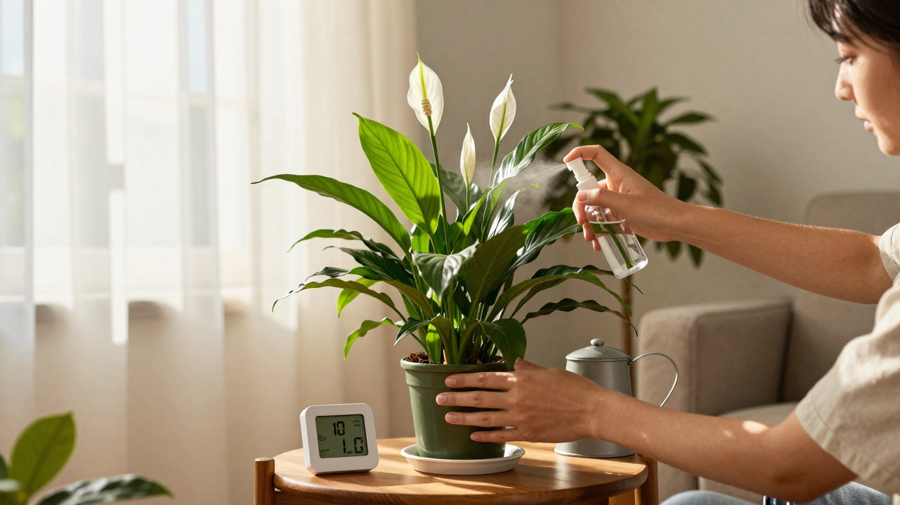 Person spraying water on a potted peace lily plant on a wooden table near a window with sheer curtains.