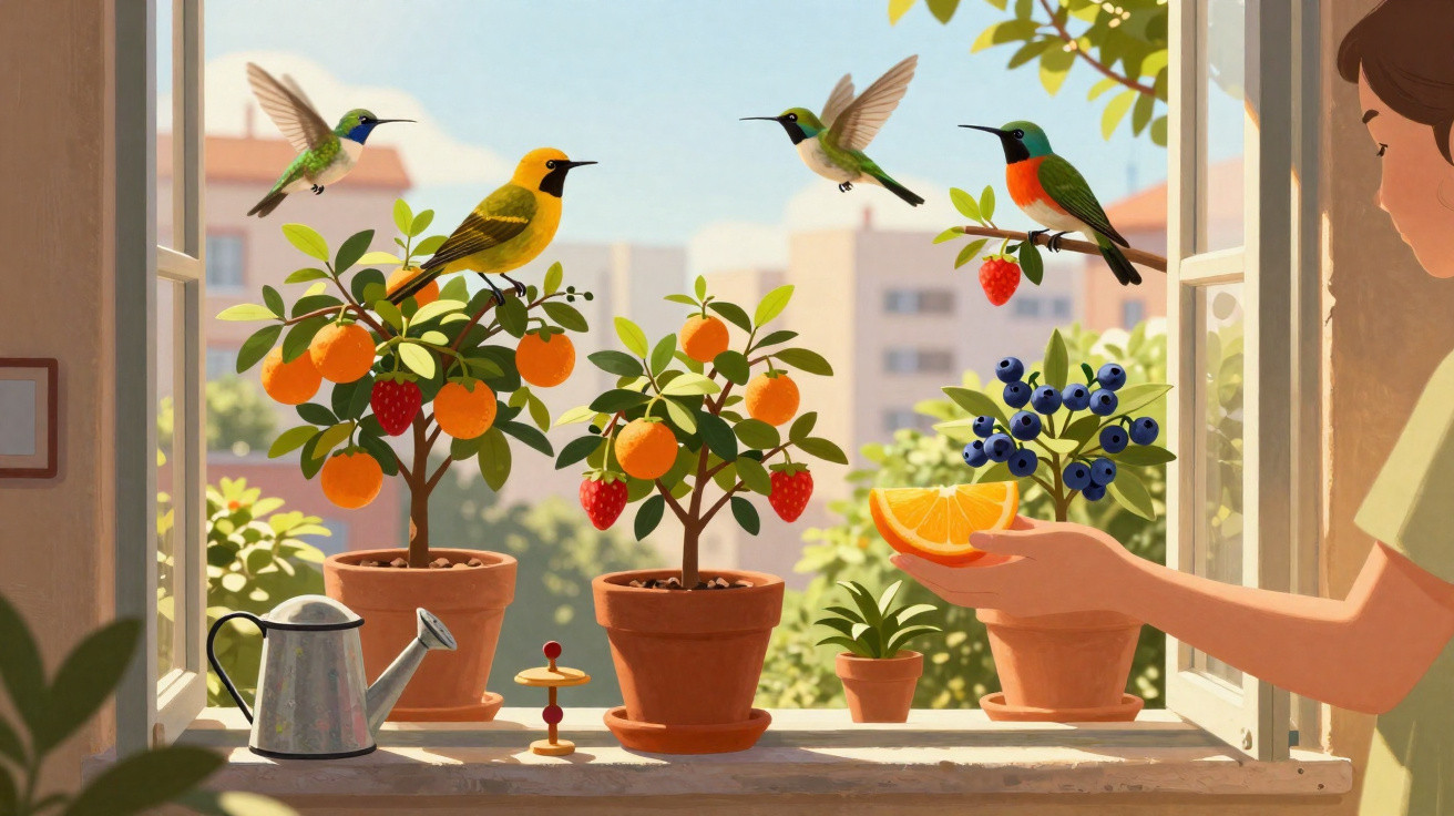 Bright birds and hummingbirds gather around potted fruit plants on a sunny windowsill as a person offers fruit.