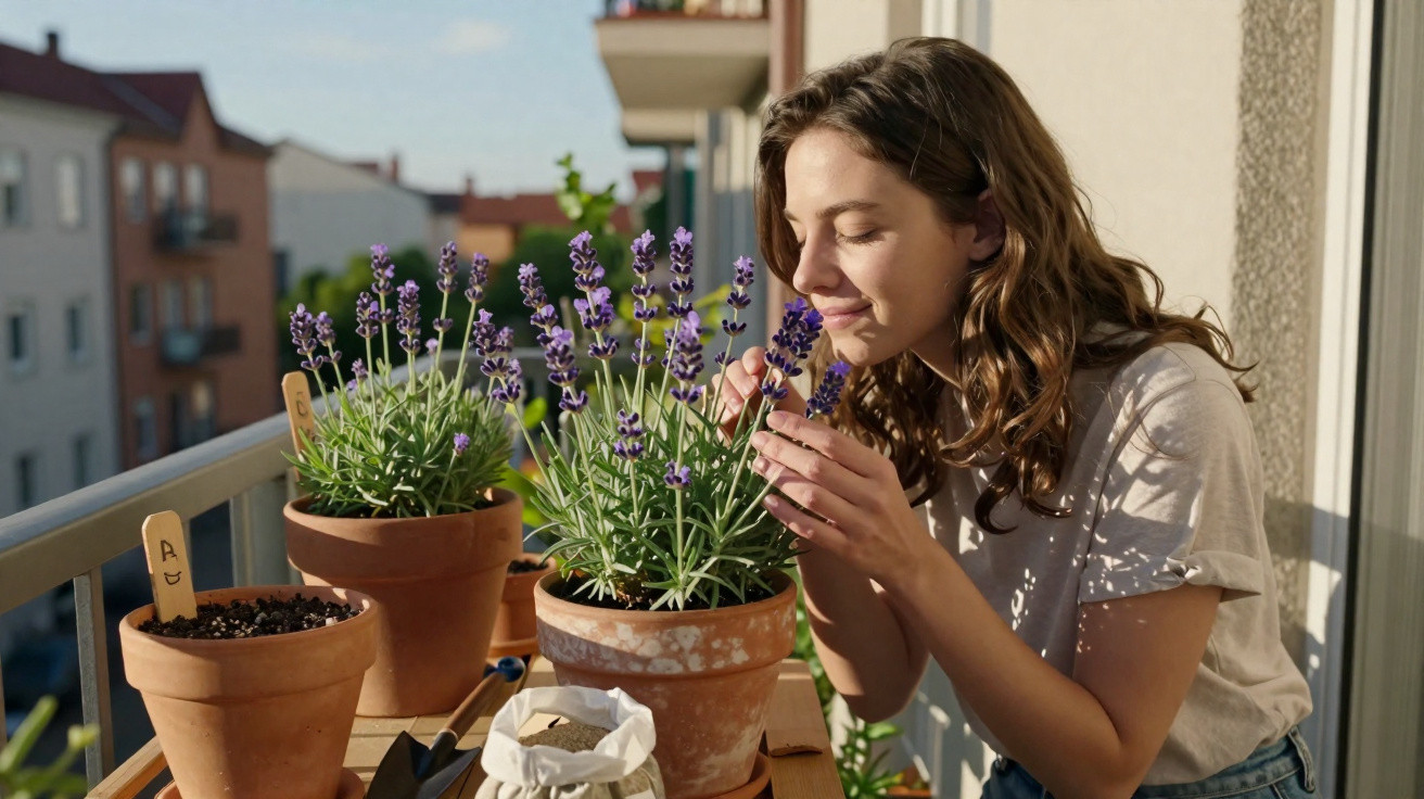 Woman enjoying the scent of blooming lavender plants on a sunny balcony garden.