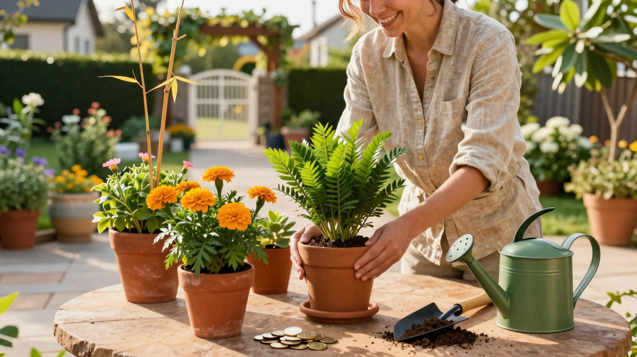 Woman gardening outdoors, placing a fern plant in a terracotta pot on a wooden table with flowers and tools.