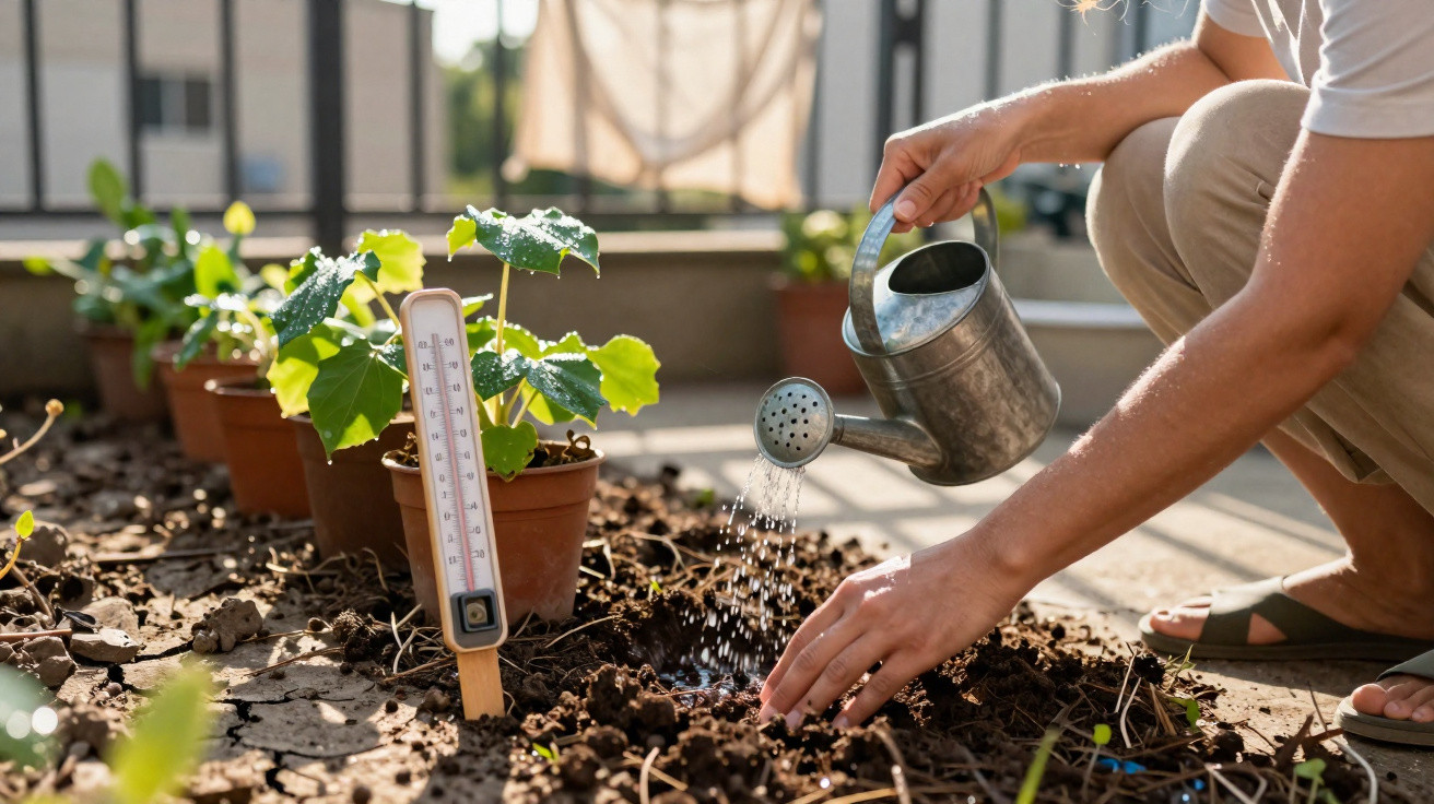 Person watering soil beside potted plants with a thermometer on a rooftop garden in sunlight.