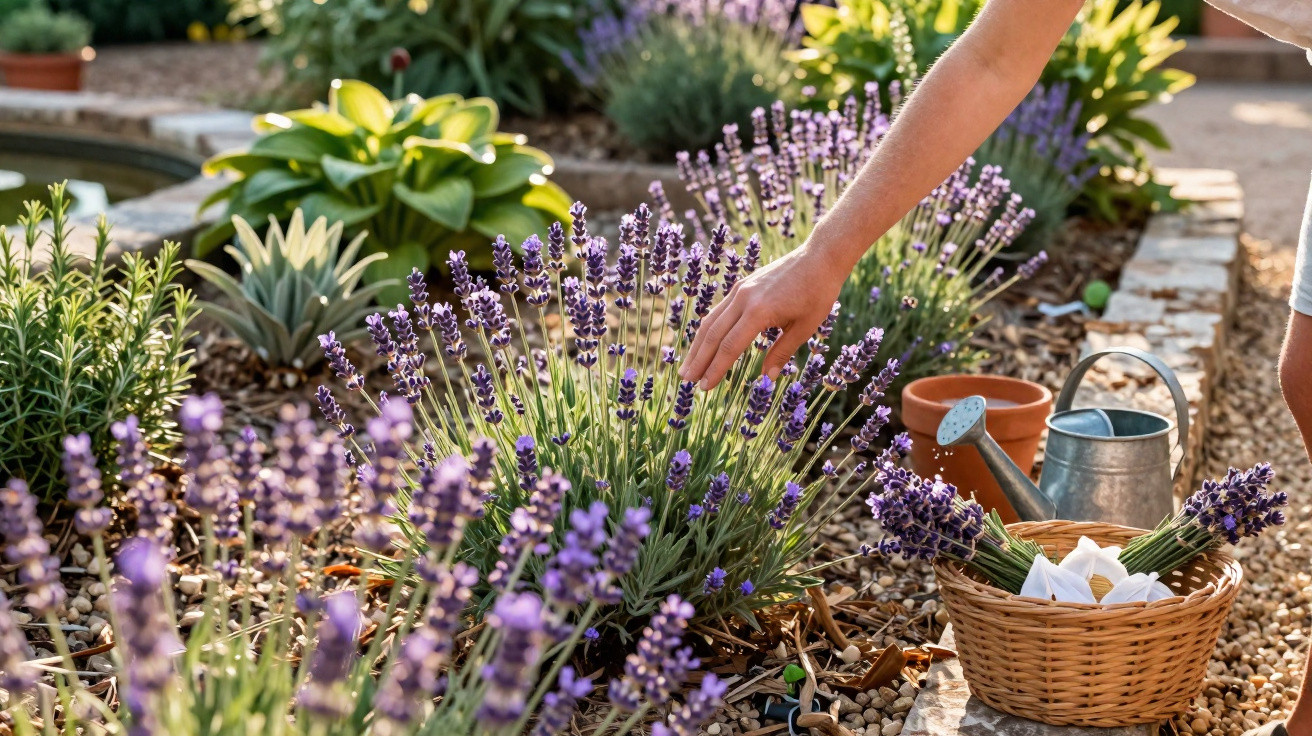 Person’s hand reaching to touch blooming lavender in a sunlit garden with a watering can and basket nearby.