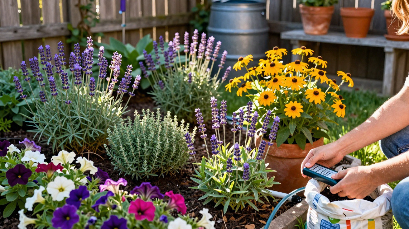 Person planting and watering a colourful garden with lavender, yellow daisies, and petunias in a sunny backyard.