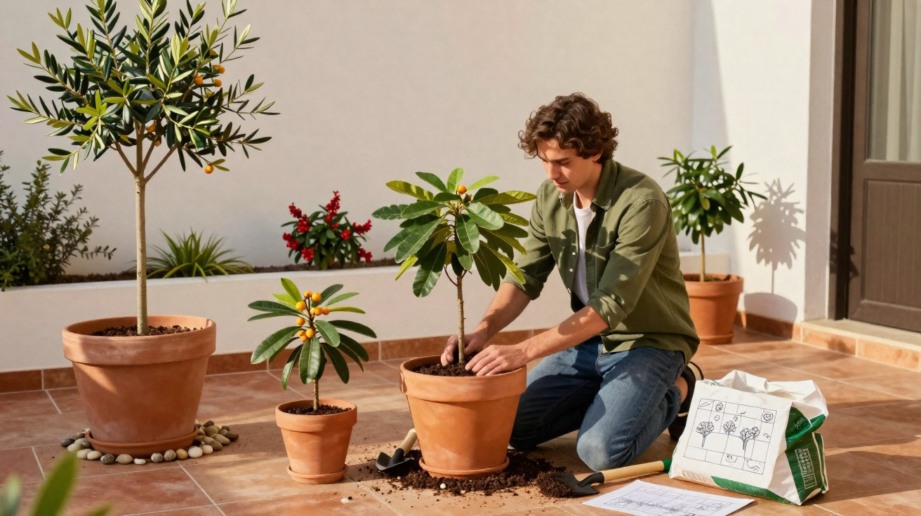 Young man kneeling on patio planting small fruit trees in terracotta pots beside gardening tools and soil bag.