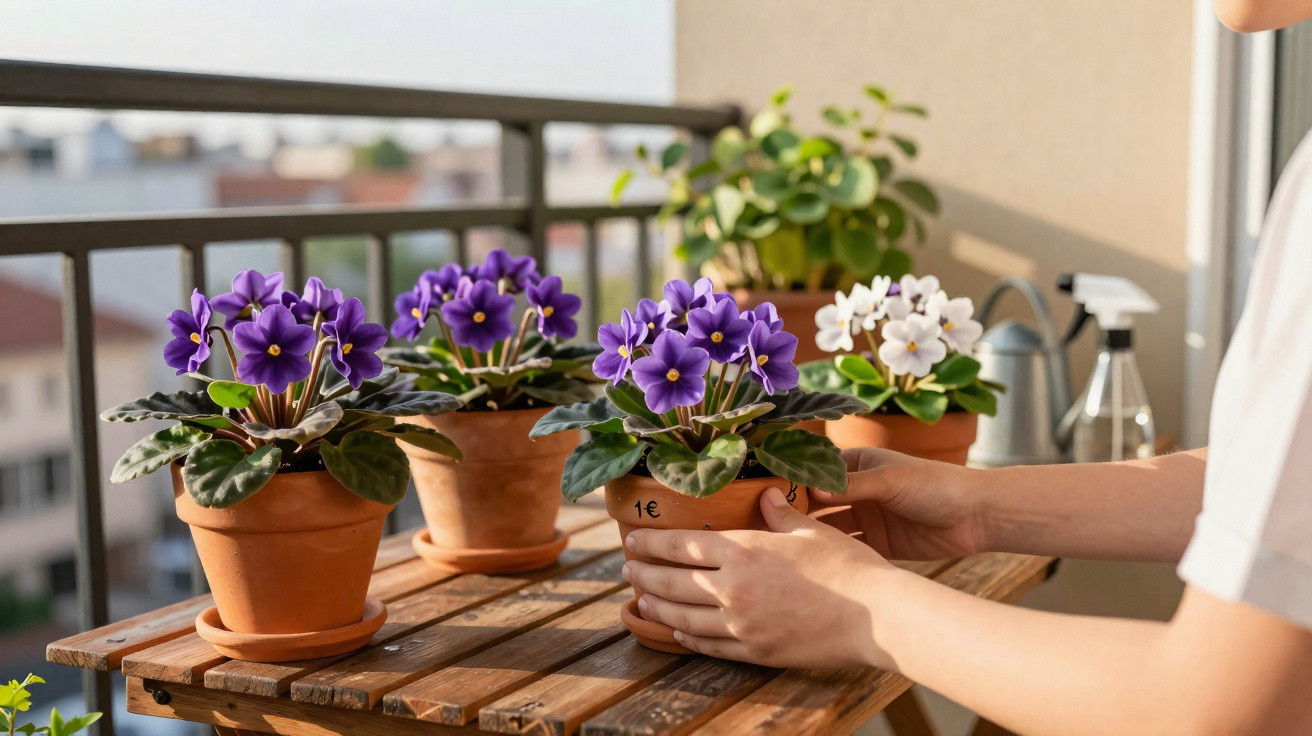 Hands arranging potted purple and white African violets on a wooden table on a balcony in daylight.