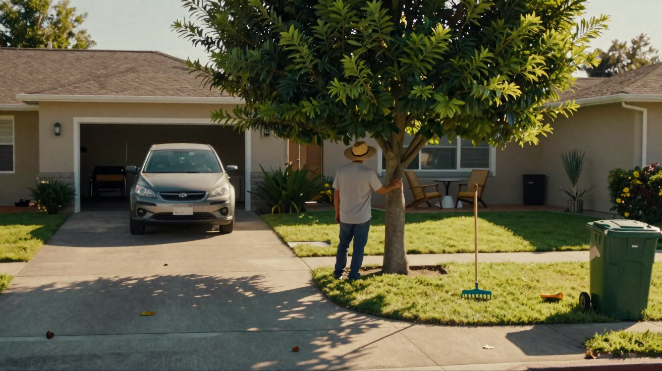 Person wearing a hat stands by a tree in a front garden with a parked car, rake, and green wheelie bin nearby.