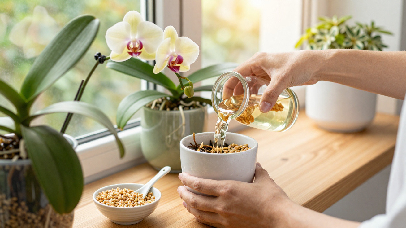 Person pouring water with seeds from a glass into a small potted plant on a sunny windowsill.