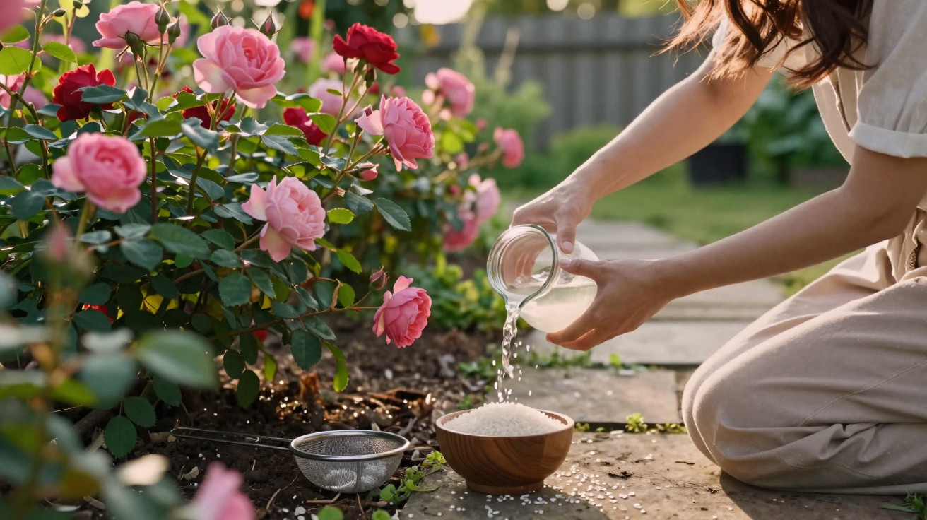 Person pouring water from a glass jar into a wooden bowl beside a blooming pink rose bush in a garden.