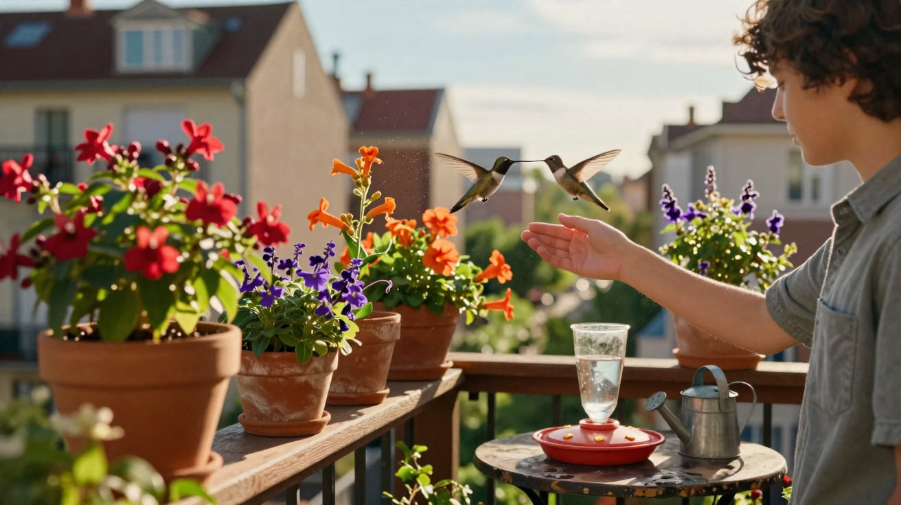 Child on balcony feeding two hummingbirds near potted colourful flowers on a sunny day.
