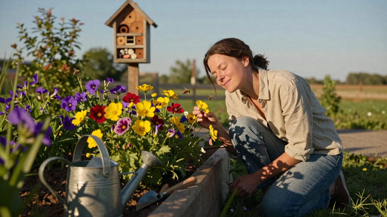 Woman tending to colourful flowers in a garden with a watering can and an insect hotel in the background.