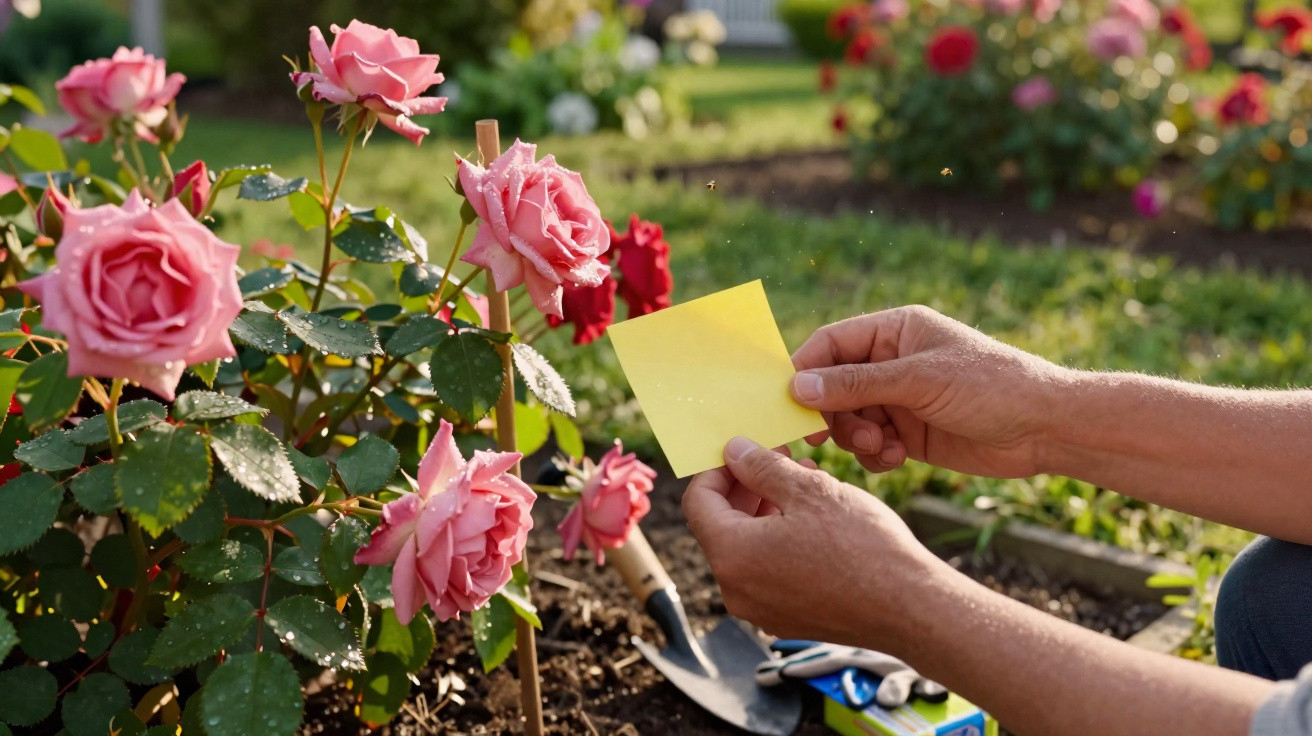Hands holding a yellow sticky note next to blooming pink roses in a sunny garden with gardening tools nearby.