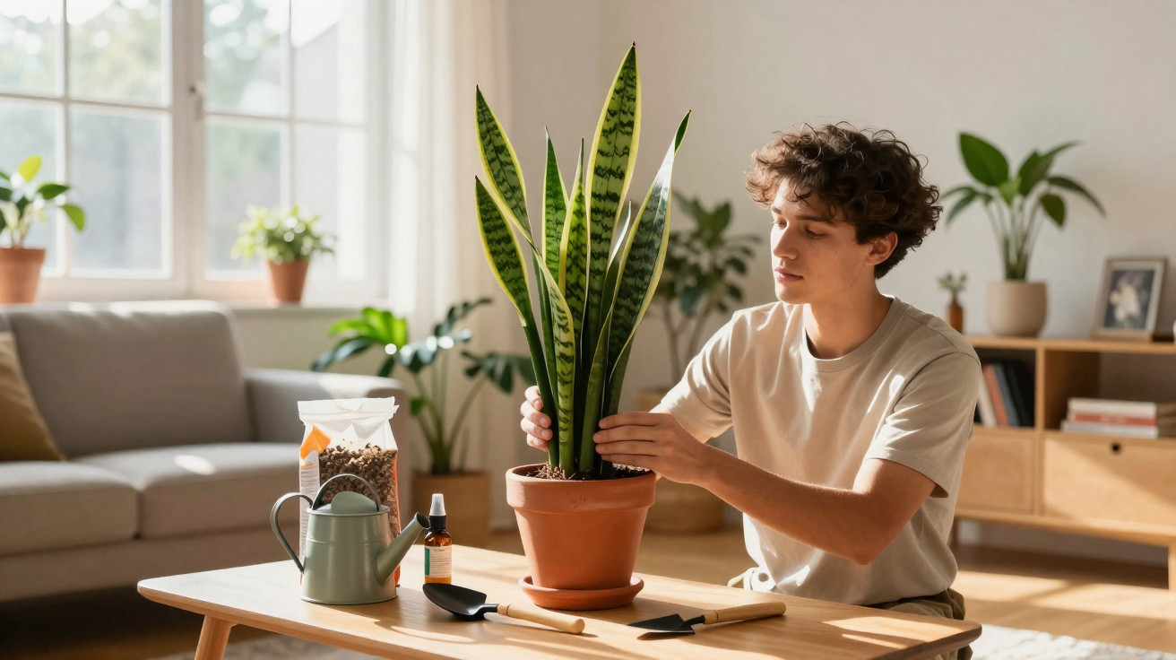 Young man tending to a snake plant on a wooden table in a bright, plant-filled living room.