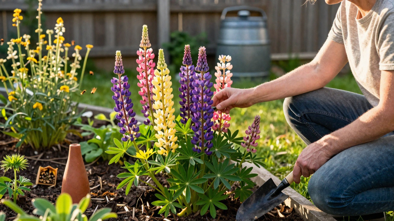 Person gardening colorful lupine flowers in a sunny backyard with a watering can in the background.