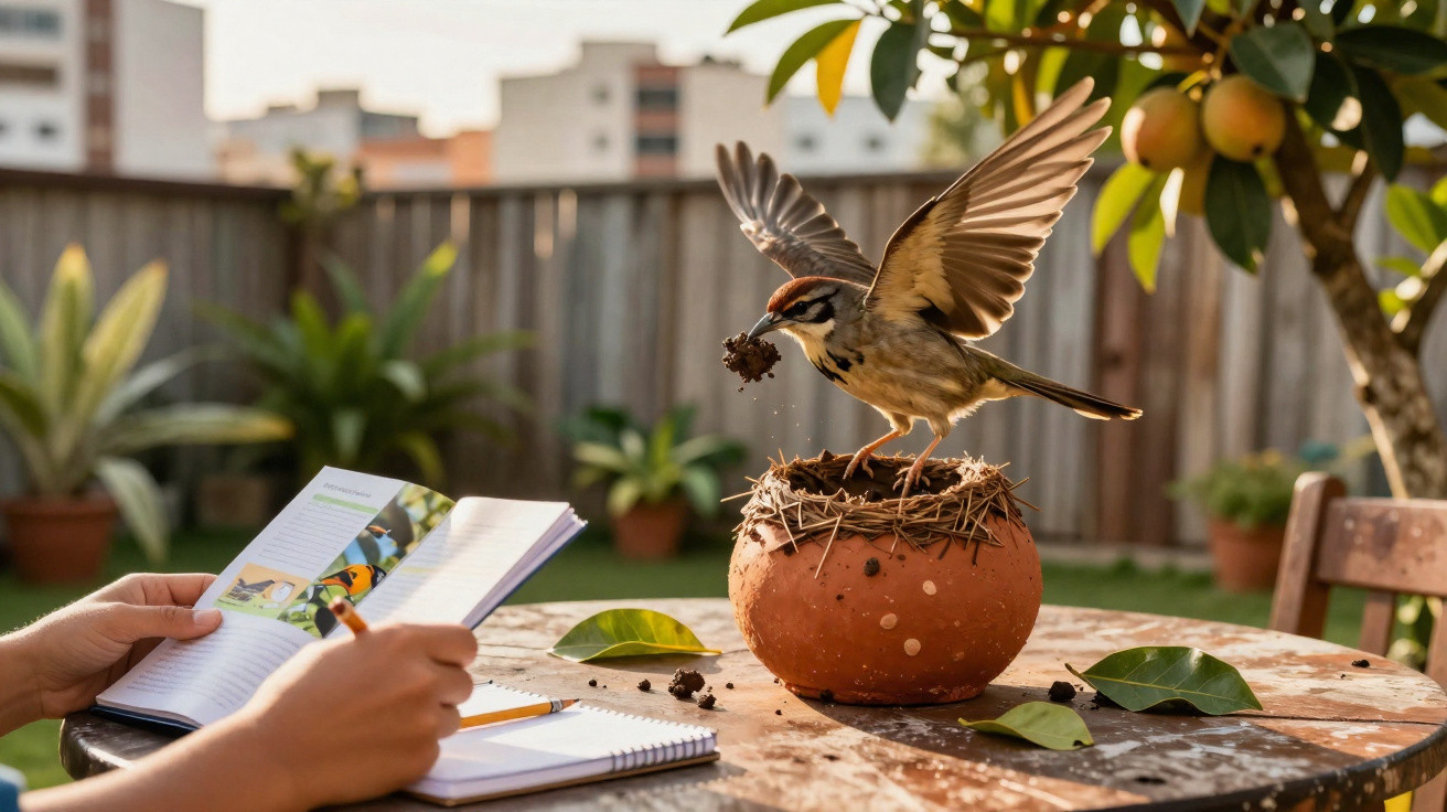 Bird landing on a clay pot nest on a garden table next to a person reading and writing in a notebook.