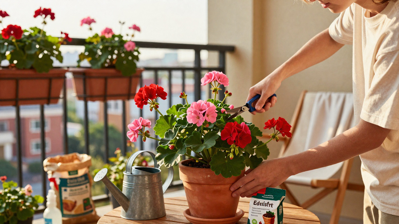 Person pruning pink and red geraniums in a terracotta pot on a sunlit balcony table.