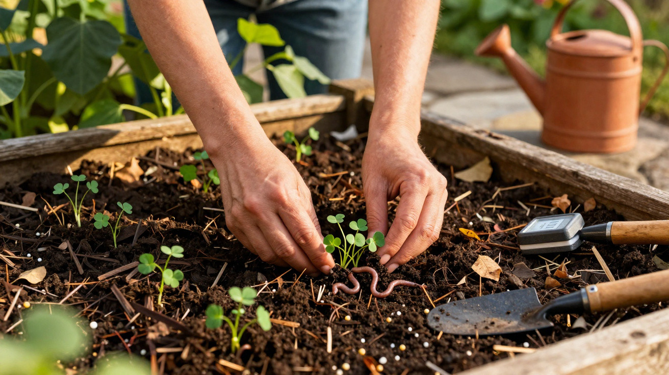 Hands planting seedlings in a raised garden bed with worms, trowel, soil thermometer, and watering can nearby.