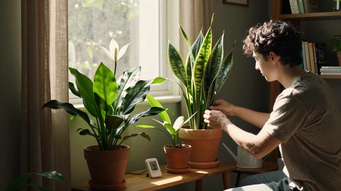 Person tending to potted indoor plants on a wooden table by a sunlit window with beige curtains.