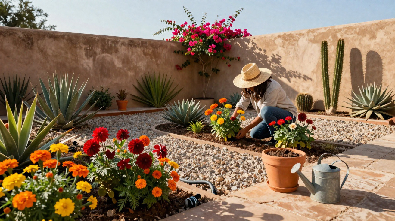 Person wearing a straw hat gardening with colourful flowers and succulents in a sunlit courtyard.