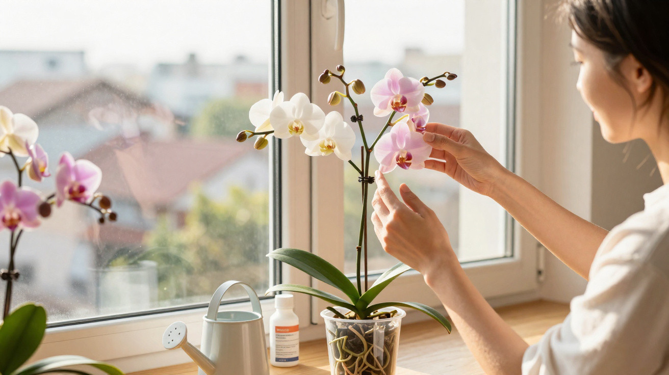 Person tending to pink and white orchids on a sunny windowsill with a watering can and plant care items nearby.