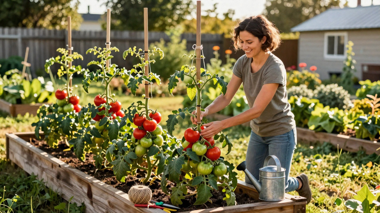 Woman harvesting ripe tomatoes from a raised garden bed in a sunny backyard garden.