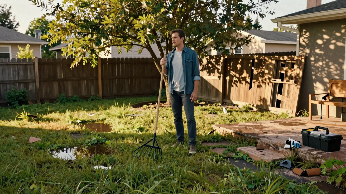 Man standing in overgrown backyard holding garden rake near wooden fence and patio with gardening tools.