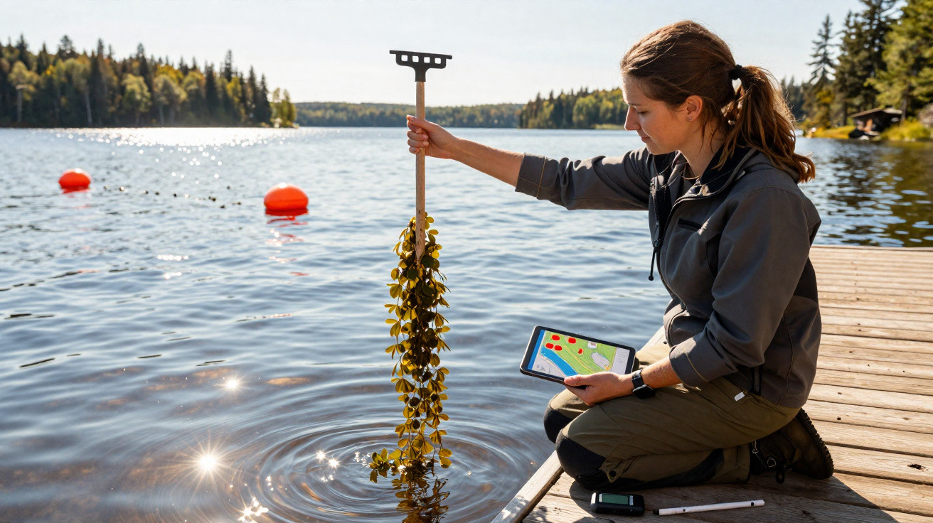 Person kneeling on a dock holding aquatic plants with a rake and digital tablet by a lake on a sunny day.
