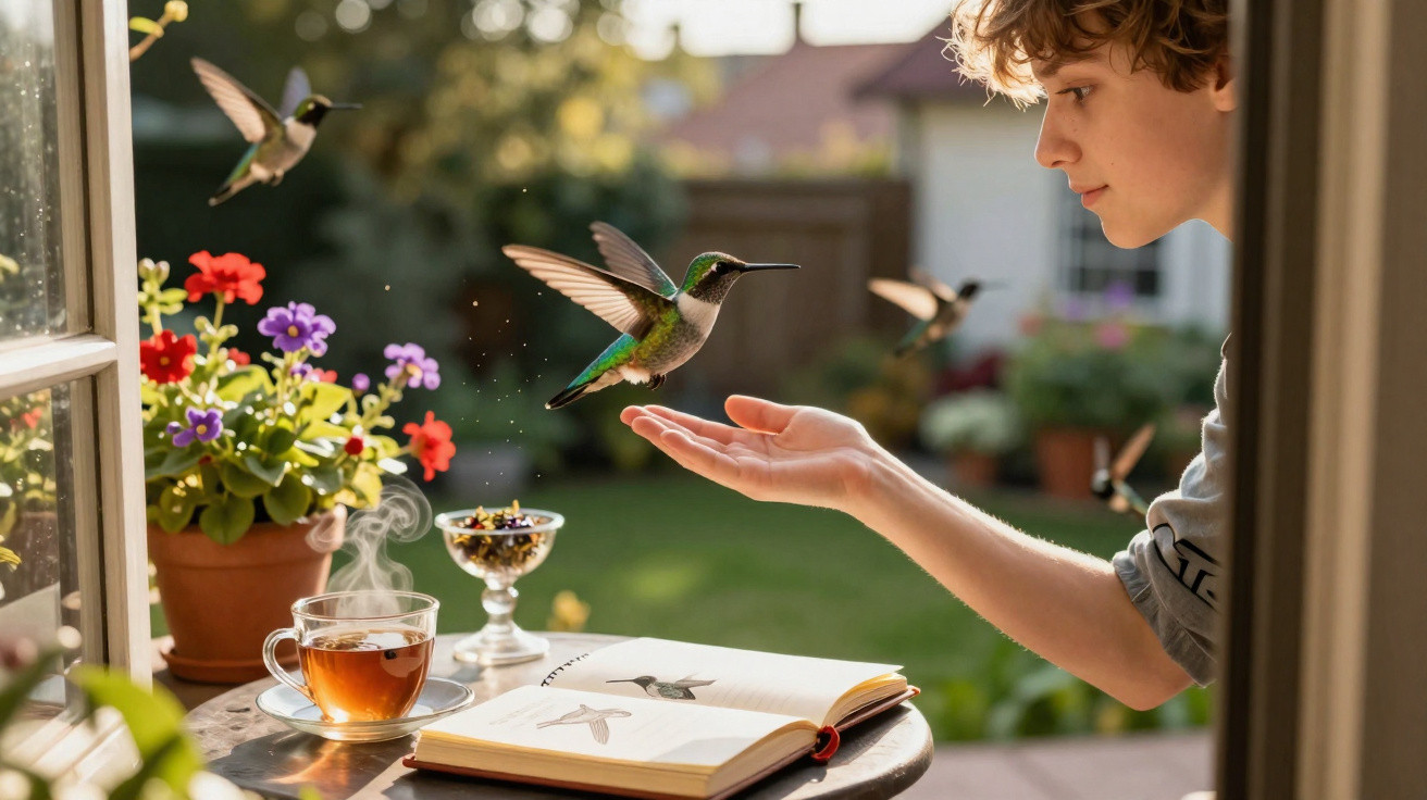 Young person feeding hummingbirds from hand by a garden table with tea, flowers, and an open bird book.