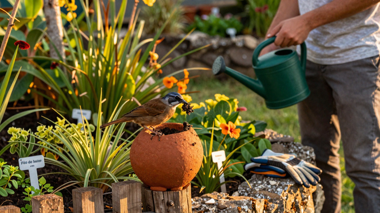 Small bird perched on a clay pot in a garden with a person watering plants in the background