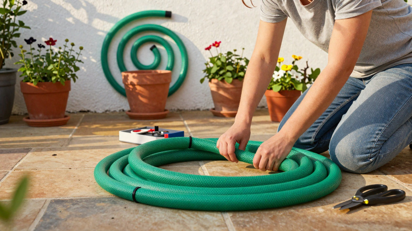 Person kneeling outdoors coiling a green garden hose on tiled patio with potted plants in background.