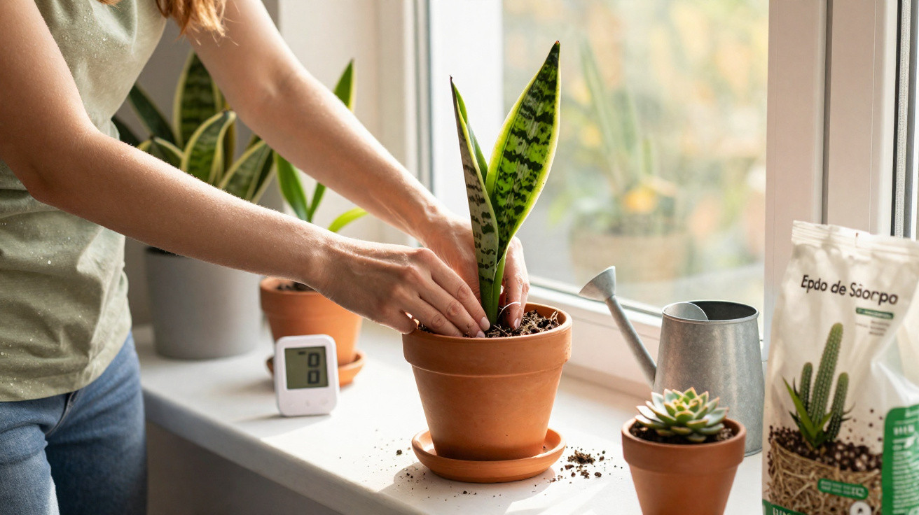 Person repotting a snake plant on a windowsill with other plants and gardening supplies nearby.