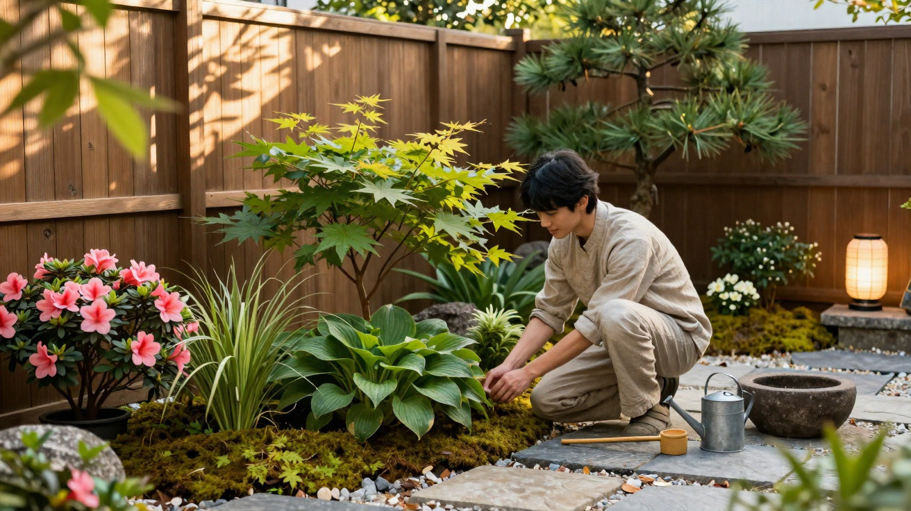 Person tending to plants in a peaceful, well-maintained Japanese-style garden with wooden fencing.