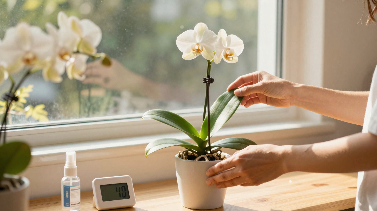 Person tending to a white orchid plant on a wooden windowsill with a digital hygrometer and spray bottle nearby.