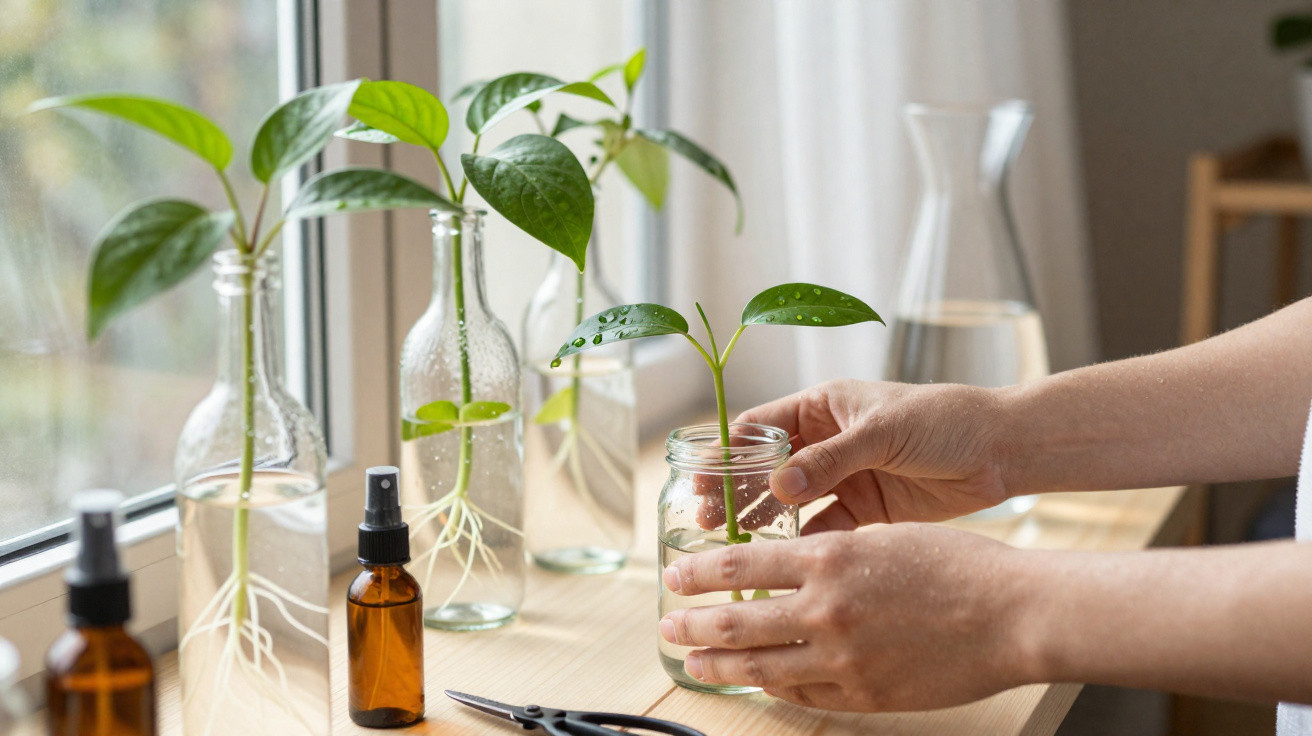 Hands placing a small green plant with roots in water inside a glass jar on a wooden table near a window.