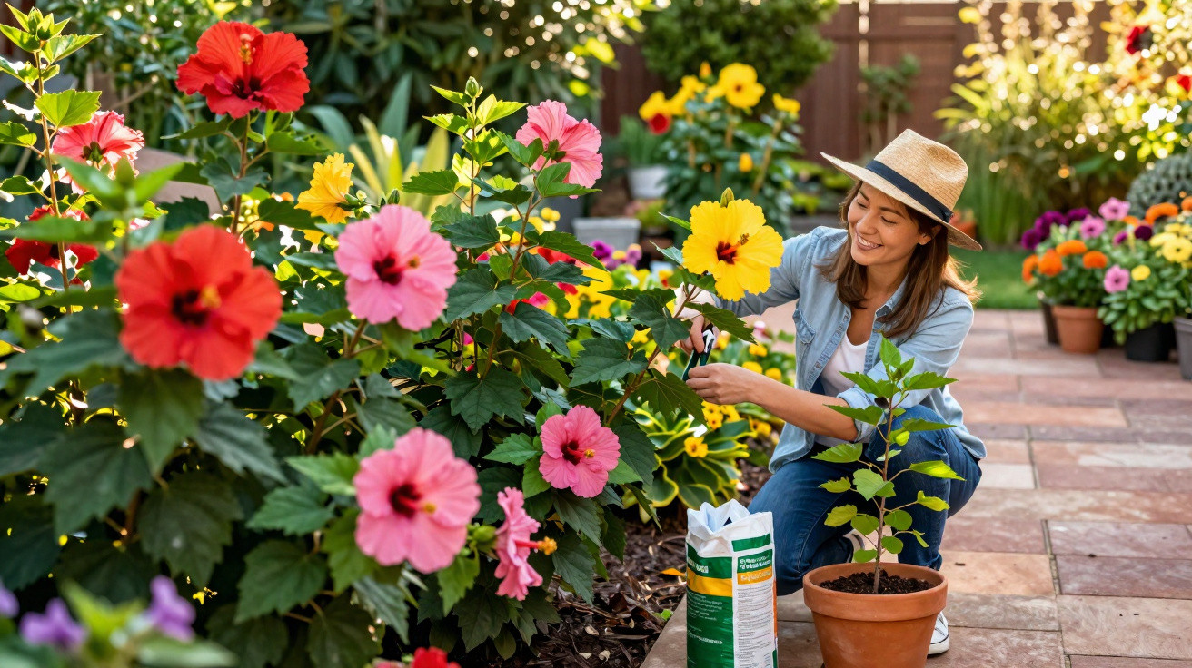 Woman in straw hat tending vibrant hibiscus flowers in a sunny garden with potted plants and soil bag nearby