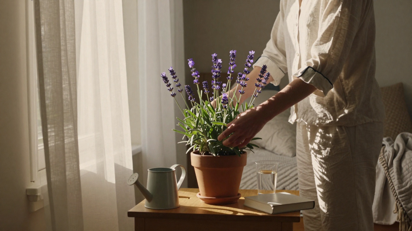 Person tending to a lavender plant in a terracotta pot on a wooden bedside table in soft sunlight.