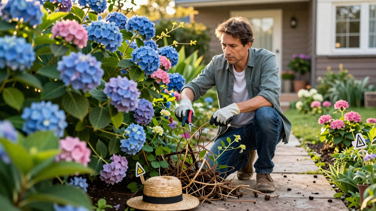 Man pruning plants with secateurs in a colorful garden with blue and pink hydrangeas beside a house.