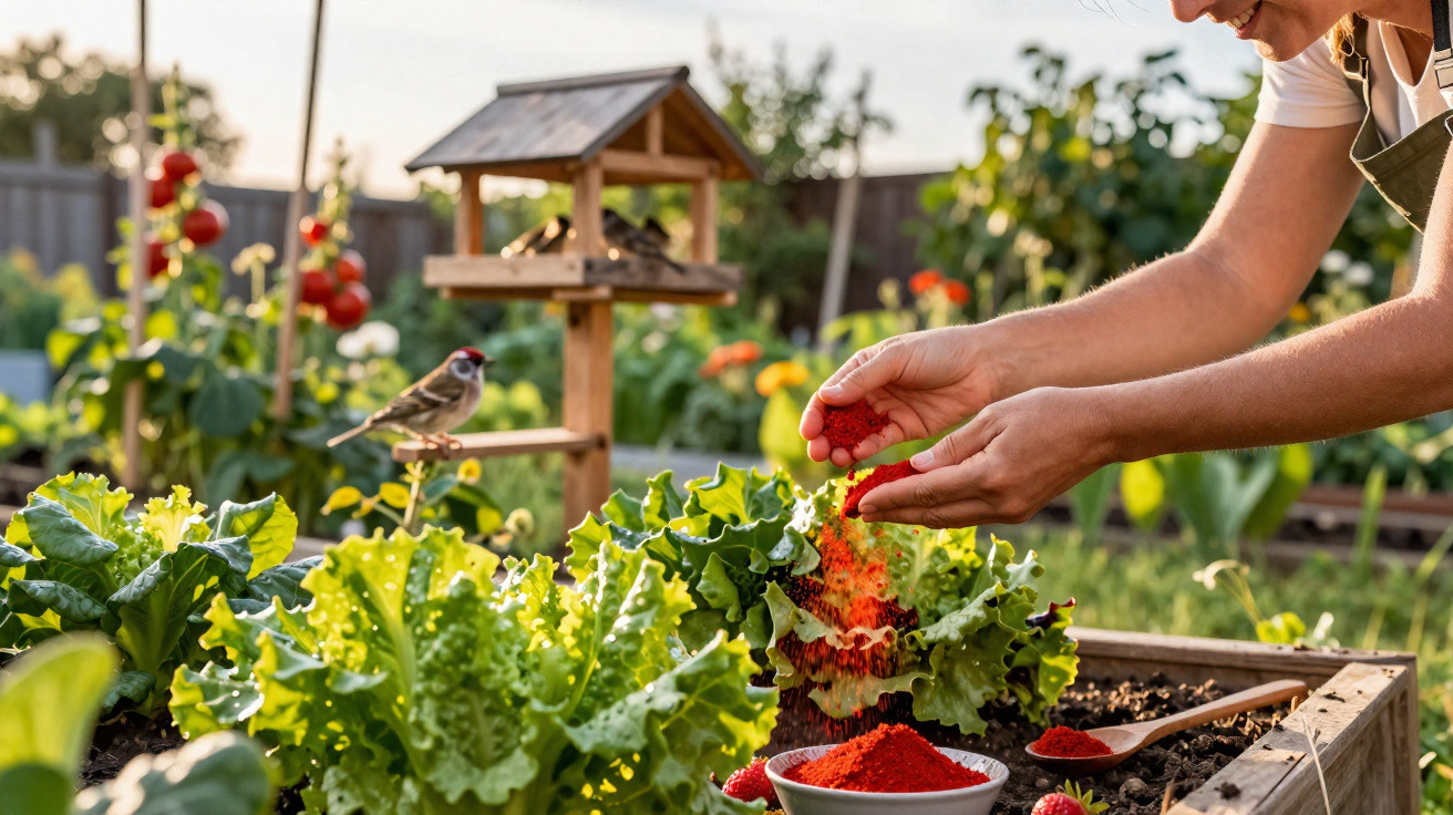 Person sprinkling red spice over garden lettuce with bird feeder and birds in background on sunny day