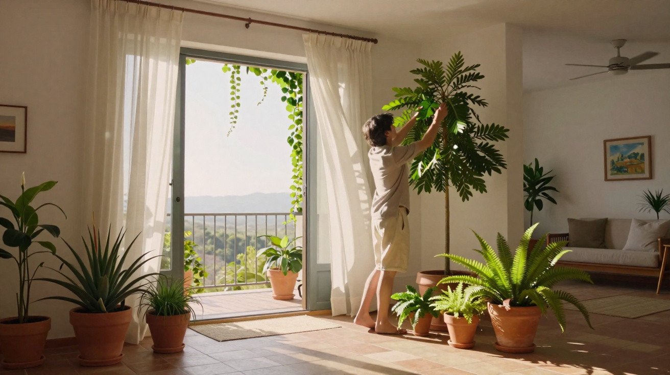 Person tending to a large indoor plant in a sunlit living room with several potted plants and an open balcony door.