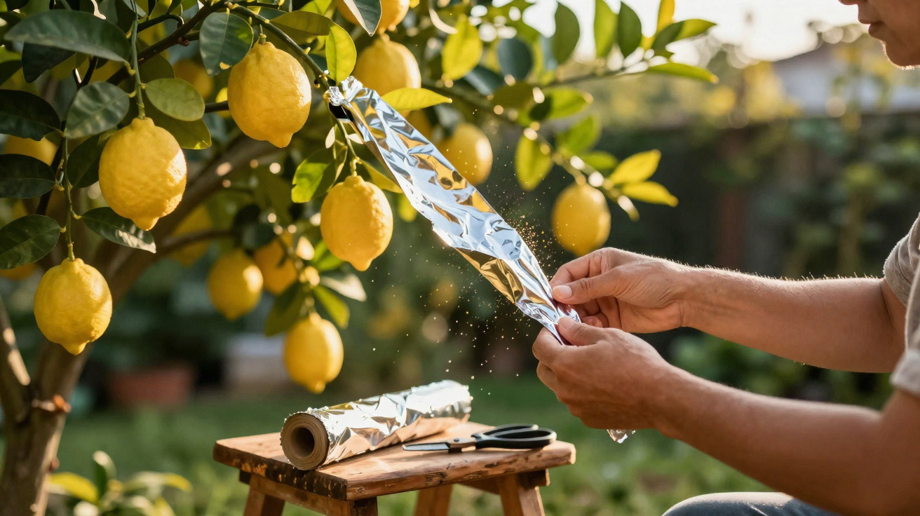 Person wrapping lemons on a tree with aluminium foil in a garden during daytime.