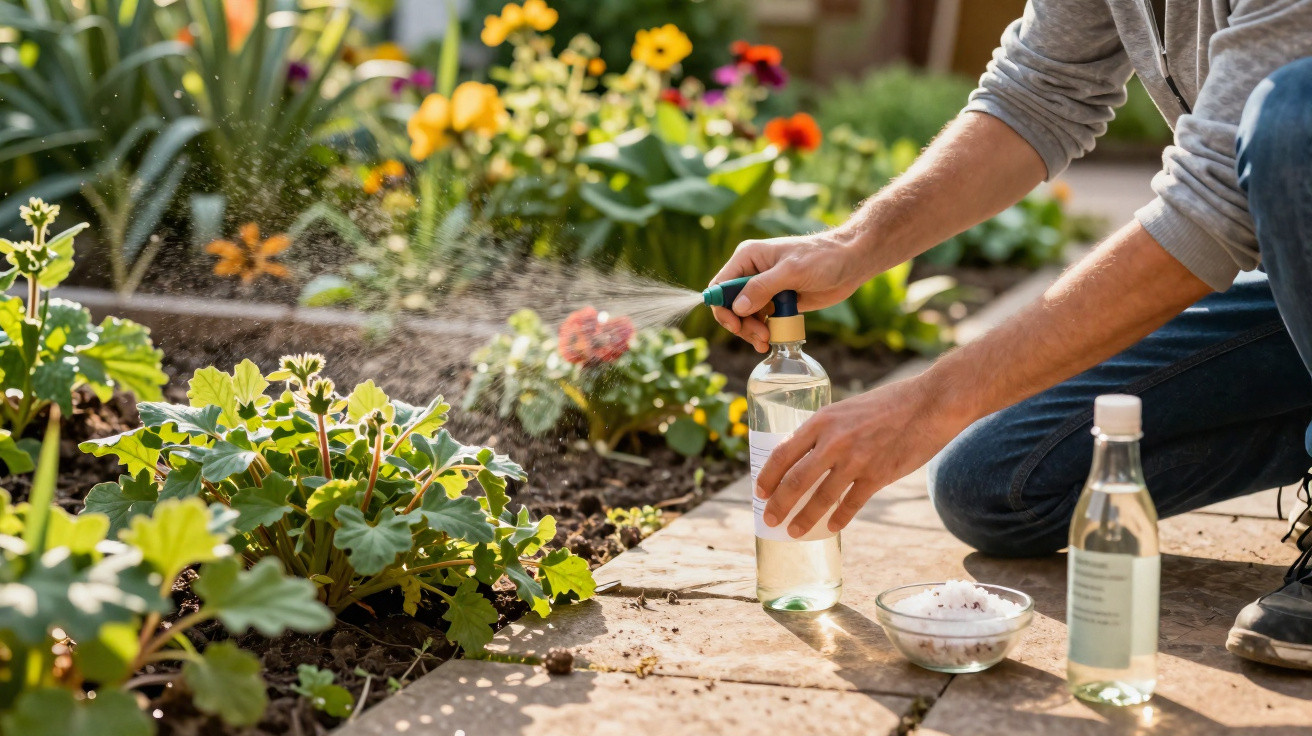 Person spraying plants with a spray bottle in a garden with blooming flowers on a sunny day.