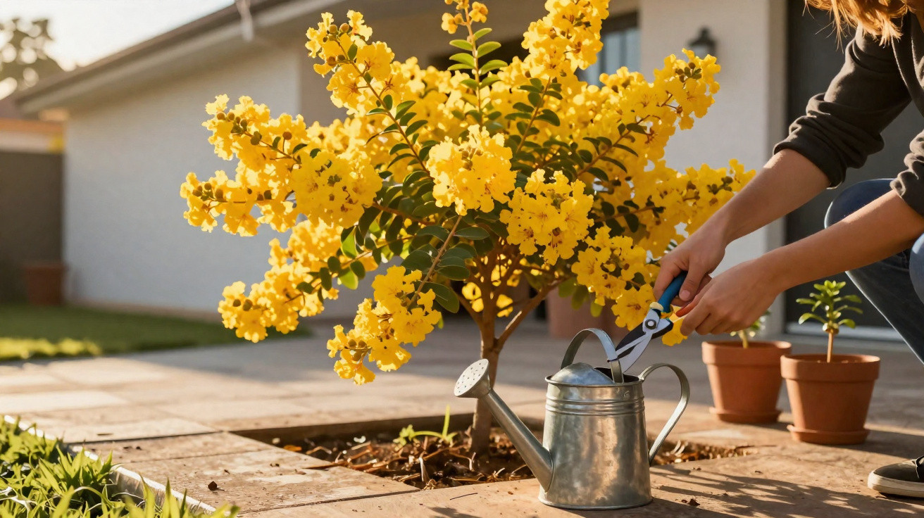 Person trimming a yellow flowering bush in a garden with a watering can nearby on a sunny day.