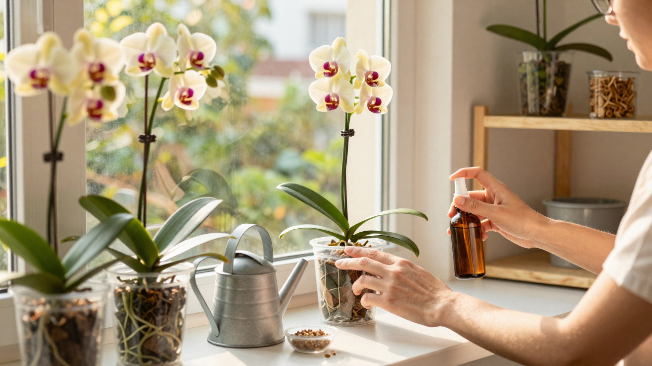 Person spraying orchid plant with care products on a sunny windowsill beside a watering can and seeds.