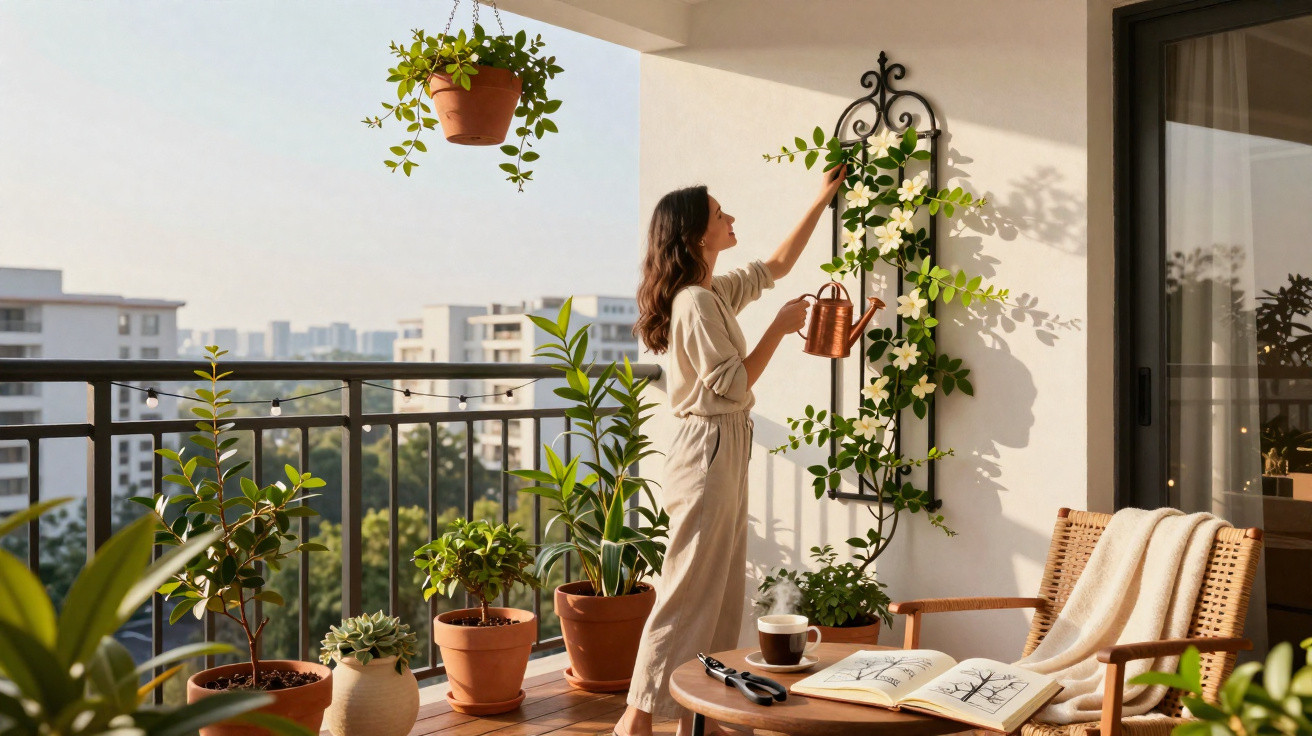 Woman watering climbing plants on a sunny balcony with potted plants and a cozy reading nook.