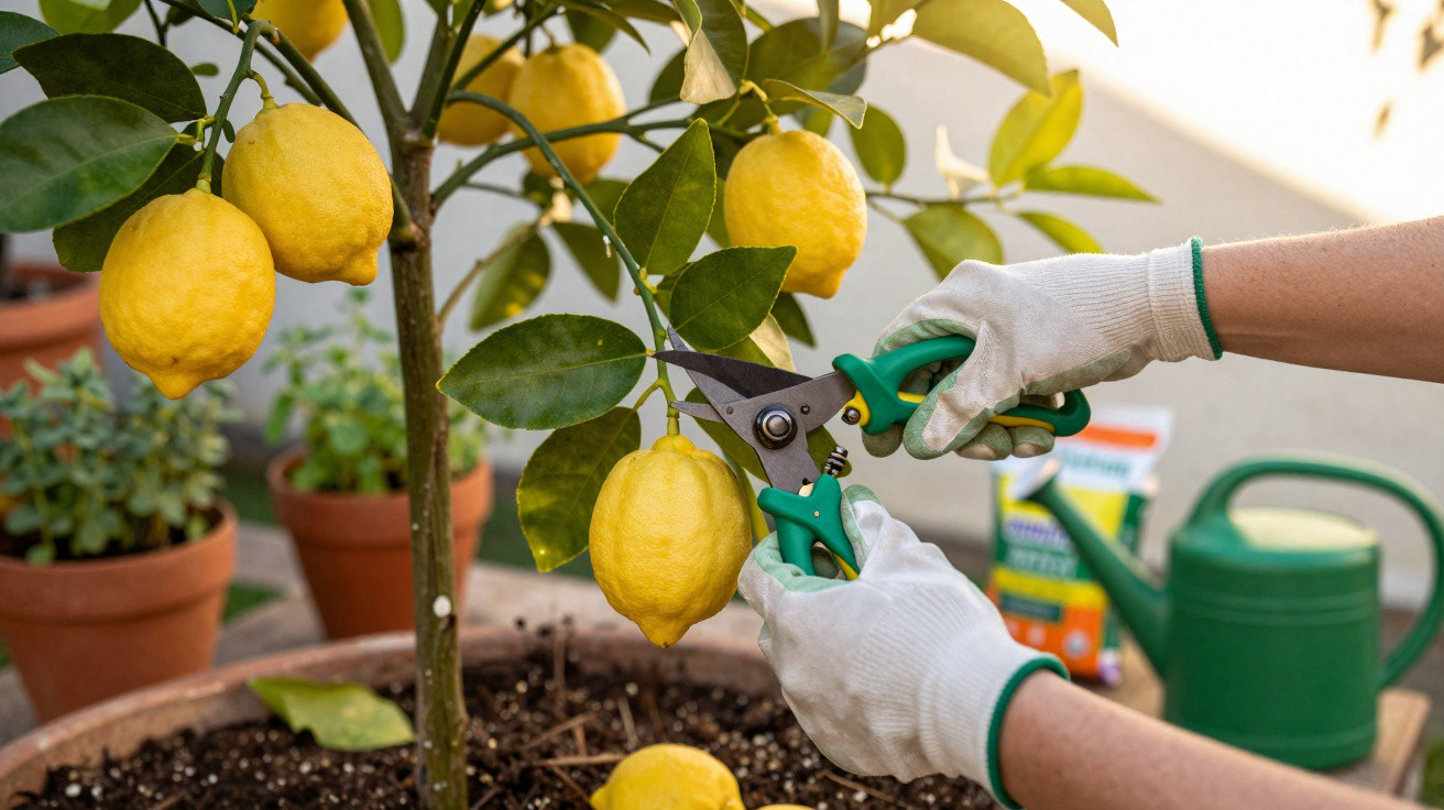 Hands wearing white gloves pruning a ripe lemon from a small potted lemon tree with green secateurs.