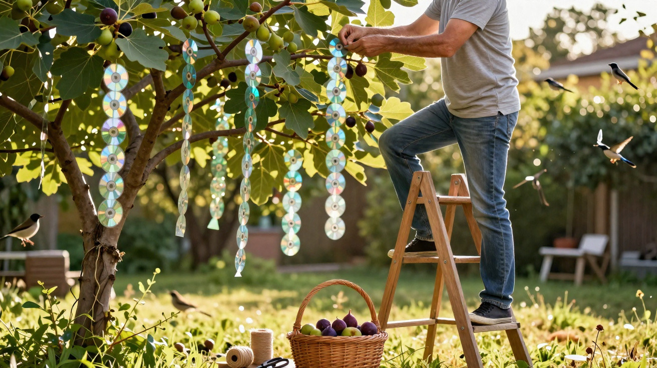 Person on ladder hanging reflective discs from tree branches with basket of fruit and birds nearby in garden.